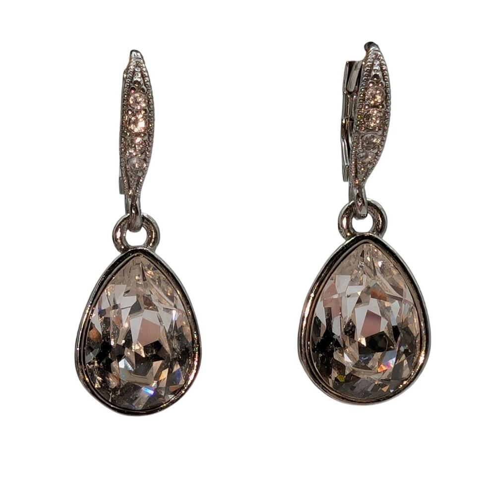 Vintage Signed Givenchy Silver Tone Teardrop CZ Dangle Lever Back Earrings